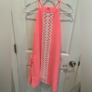 Lilly Pulitzer Neon Pink Halter Dress with White Crochet Trim